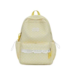 Japanese style yellow star print school backpack with cute white lace pocket for women