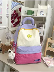 Cute colorful school backpack with plush pendant, large capacity student casual daypack.