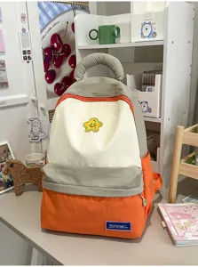 Cute colorblock canvas student backpack large capacity casual daypack with smiley star