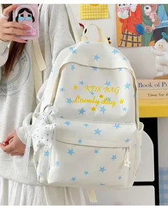 Casual grote canvas sterren print studenten schoolrugzak detailweergave in helder wit