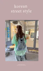 Korean vintage washed denim backpack, large capacity casual school book bag for women.