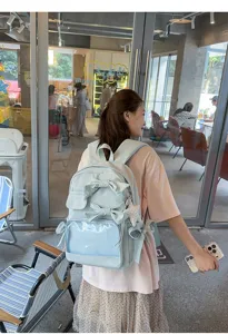 Vista detallada de mochila ita azul claro con lazos dulces y ventana transparente para uso diario.