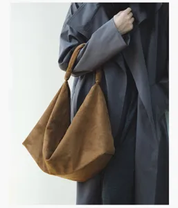 Brown suede slouchy underarm bag detail, retro style casual shoulder hobo handbag for women.