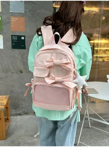 Vista detallada de la mochila rosa con lazos, bolsillo de malla transparente y colgante.
