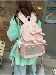 Mochila Ita rosa para mujer gran capacidad bolso escolar lindo lazo mochila casual