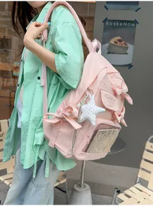 Elegante mochila ita rosa para mujer, bolso escolar de gran capacidad con bonito lazo y ventana.