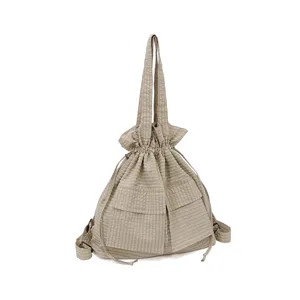 Casual khaki plaid drawstring backpack large oxford cloth travel shoulder bag for women