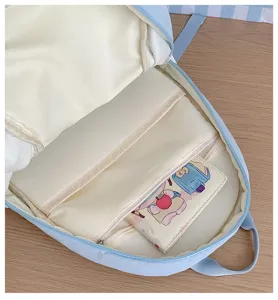 Light blue minimalist backpack with spacious multi-compartment interior for school daily use.