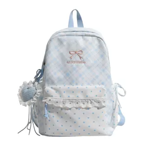 Schattige Japanse stijl ruitjes en stipjes rugzak voor scholieren met hartje hanger.