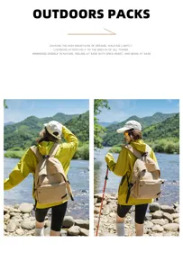 Vue détaillée du sac à dos de voyage en plein air, grand format en tissu kaki pour vos loisirs.