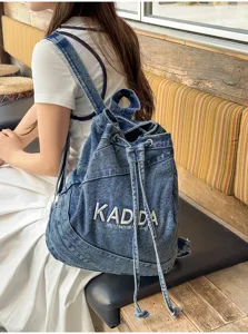 Retro washed denim backpack for women, casual vintage student travel school bag