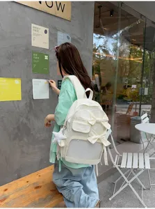 Gran mochila de lona blanca con lazos dulces y ventana transparente para estudiantes y uso diario.