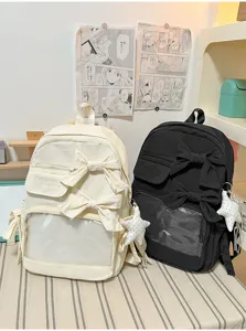 Mochila de lona de gran capacidad para mujer, diseño de lazo bonito con ventana transparente y estrella.