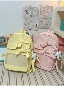 Mochila ita con bolsillo transparente y lazo, gran capacidad bolsa escolar para chicas.