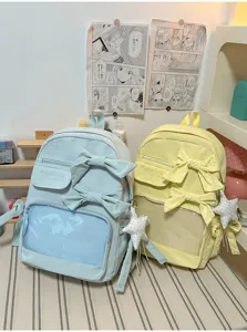 Gran mochila escolar informal con lazos y bolsillo frontal transparente para estudiantes.