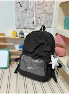 Mochila ita negra con lazo y ventana transparente para pines, bolsa escolar grande.