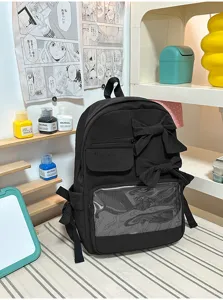 Mochila Ita negra para mujer gran capacidad bolso escolar Lindo lazo ventana transparente casual
