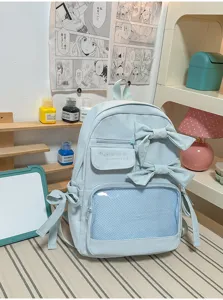 Mochila ita azul con lazos y ventana transparente, bolso escolar grande para estudiantes y uso diario