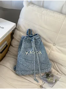 Vintage washed denim backpack for women, aesthetic casual student school book bag