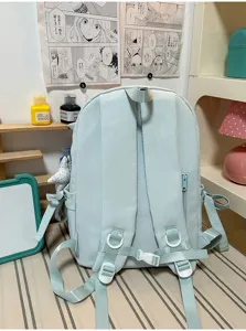 Mochila escolar azul claro para estudiantes, bolso grande de cercanias con bonitos lazos.