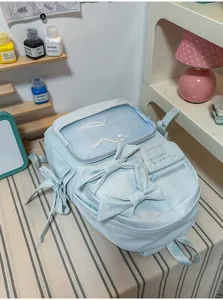 Detalle de mochila ita azul claro con ventana transparente, lazos bonitos y diseño elegante.