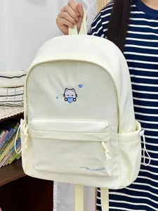 Witte canvas rugzak met schattige kattenborduurwerk en voorvak voor dagelijks gebruik.