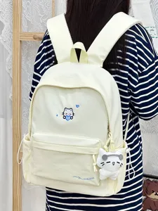 Canvas casual rugzak voor studenten, grote schooltas met schattige kattenborduurwerk.