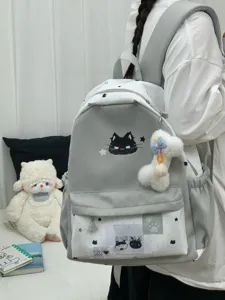 Leuke schattige grijze studenten rugzak met katten borduurwerk en pluche hanger.