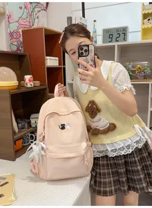Roze casual Koreaanse stijl schoolrugzak voor studenten met kattenborduurwerk en ster.