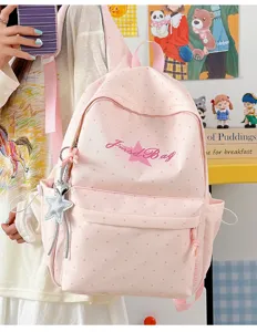 Roze polkadot ster rugzak voor dames, schattige Japanse schooltas met handige hanger.