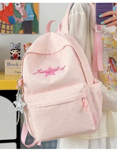 Roze rugzak met polkadots en sterrenmotief, schattige casual dagrugzak voor tieners.