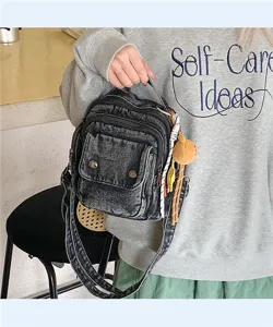 Stylish denim crossbody bag with multiple zipper pockets, casual shoulder bag for women.