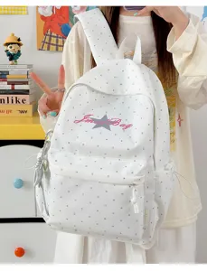 Japanse stijl polkadot ster rugzak voor meisjes, casual lichte dagrugzak in wit.