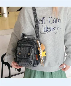 Casual denim crossbody bag with multi pockets and vintage washed style for women