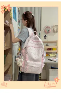 Roze polkapunt rugzak voor dames, schattige japanse schooltas met ruime opbergcompartimenten.
