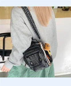 Casual washed denim shoulder bag with multi pockets and chic crossbody design for women