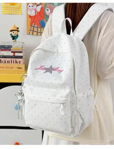Japanse stijl schattige polkadot rugzak voor dames, lichte schooltas met sterrenhanger.
