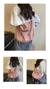 Sac bandoulière décontracté en nylon avec cordon, grande capacité sac porté épaule unicolore hobo.