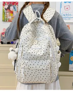 Witte ribfluwelen rugzak met sterren, wolkenpatch en berenhanger voor school en reizen.