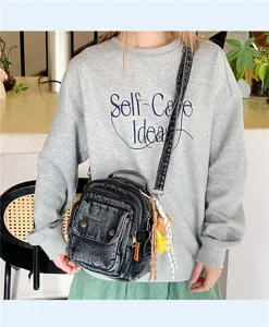 Casual denim cross-body bag for women, vintage wash messenger shoulder bag with multi pockets.