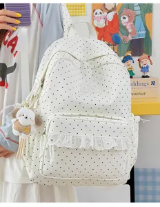Leuke schattige stippen schoolrugzak met kanten voorzak Koreaanse stijl casual rugzak.