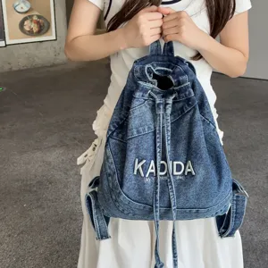 Vintage Washed Denim Backpack For Women Letter Embroidered Casual Drawstring Rucksack Large Capacity Commute School Bag