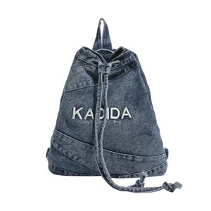 Vintage washed denim backpack for women, Korean style casual large capacity school bag main