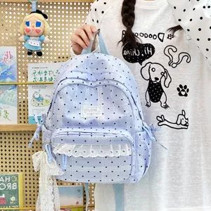Koreaanse stijl polkadot schoolrugzak met kanten afwerking, schattige casual rugzak.