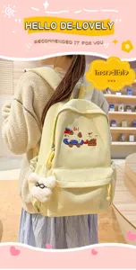 Minimalist canvas school backpack with cute dog embroidery and plush bunny pendant for students.