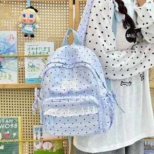 Koreaanse preppy stijl polka dot schoolrugzak met schattige kanten afwerking, casual en veelzijdig.