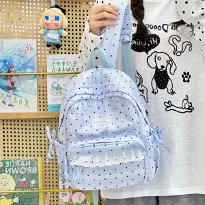 Koreaanse stijl schattige polkadot kant rugzak casual schooltas voor meisjes lichtblauw.