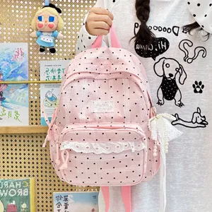 Schattige roze stippen rugzak in Koreaanse stijl met zoete kantafwerking, casual schooltas.