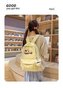 Light yellow campus backpack detail, featuring cute embroidery and spacious daily storage.