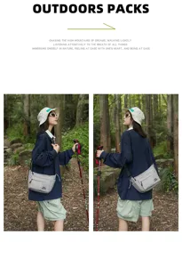 Vista detallada del bolso bandolera gris de nylon llevado por el modelo en el bosque.